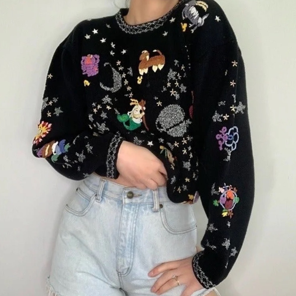 Vintage Handknit Barbara Sparre Black Sweater with Silver Accents Astrology M - Picture 2 of 7